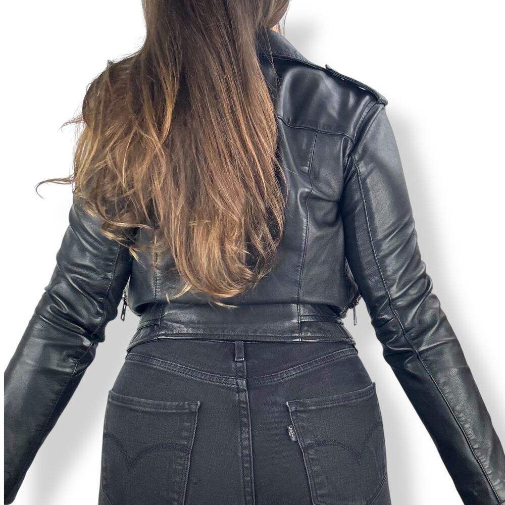 ALLSAINTS Balfern Biker cropped black sheep leather motorcycle jacket - Picture 14 of 16
